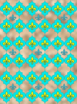 Seamless lily fleur de Lis background. Turquoise blue silver shiny pattern with heraldic symbol fleur-de-lis. Modern abstract pattern. 3D Illustration