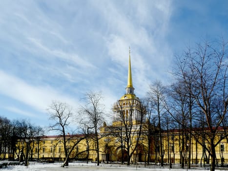 St. Petersburg, Russia, March 5, 2021.Admiralty building, the main entrance with a tower and a golden spire with a weather vane, low angle view