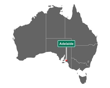 Ortsschild Adelaide auf Landkarte von Australien