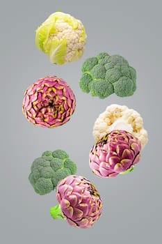 Isolated vegetables. Seven mixed of broccoli, artichokes and cauliflower falling down isolate on ultimate gray with clipping path as package design element. Full depth of field.