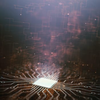 Artificial intelligence, electric pulses coming out of the microchip, forming lines of connections.