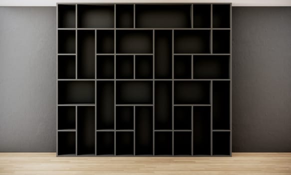room interior with black shelves open cabinet on gray wall and wooden floor, 3d rendering