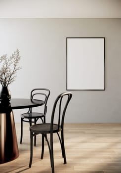 vertical picture frame mock up in modern dinning room interior design with black chairs, round dining table, window, wooden floor and white wall, 3d rendering