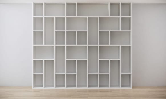room interior with white shelves open cabinet on white wall and wooden floor, 3d rendering