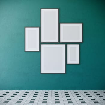 Blank picture frames mock up on green wall. retro room interior design, 3d rendering