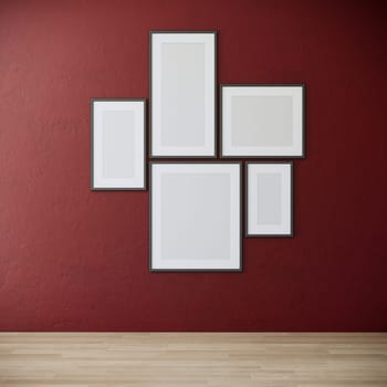Blank picture frames mock up on red wall. room interior design, 3d rendering