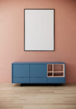 vertical picture frame mock up in modern room interior with cabinet, wooden floor and pink wall, 3d rendering