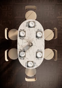 Contemporary classic dining room mock up interior, plates, spoon and fork on a marble table. 3D background illustration