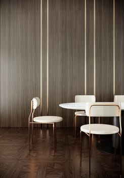 interior design with white chair and table on luxury wall design and parquet floor, 3d rendering