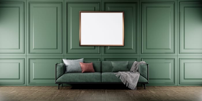 Blank picture frame mock up and green sofa in green color room interior, 3d rendering