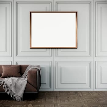 blank picture frame mock up in modern living room interior with brown sofa, wooden floor and classic white wall, 3d rendering