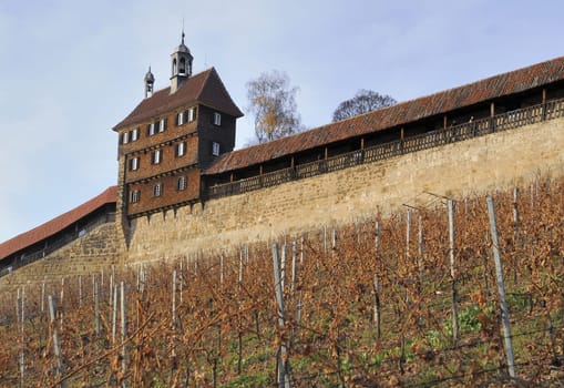view of ancient fortifications of medieval castle, shot in bright winter light..