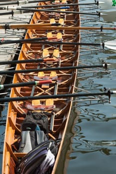 Rowing eights fully equipped at the jetty