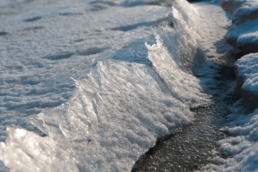 Close-up of cracked ice texture on river in spring time
