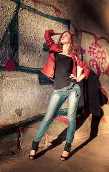 young curly Woman  smiling, on sunset