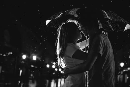 Love in the rain / Silhouette of kissing couple under umbrella