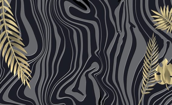 Zebra abstract background with golden tropical leaves, wavy black gold beautiful pattern. Safari, wildlife zoo natural background African animal design. Horizontal background. Illustration