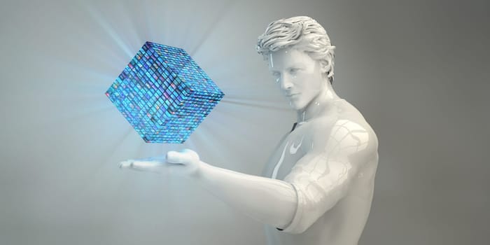 Man Looking at Digital Solution as Technology Solutions Concept