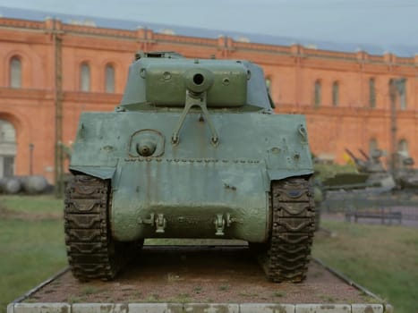 cannon heavy American tank Sherman front view, fought in World War II