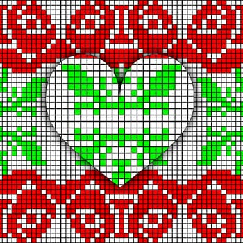 Abstract imitation of the vintage blanket with embroidery Rose and heart ornate. Cross stitch rose. Cross-stitch. Belarus pattern