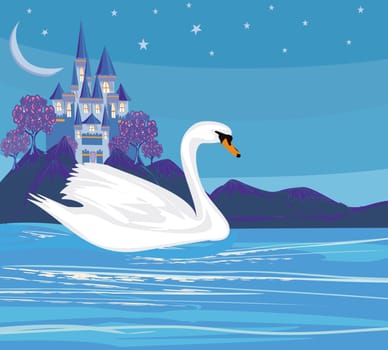 beautiful night landscape - swan and castle on the hill