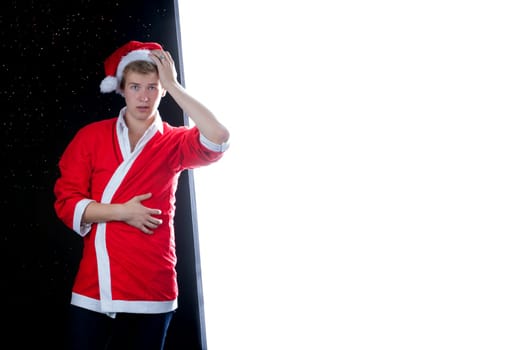 Worried red santa claus with white background for your text.