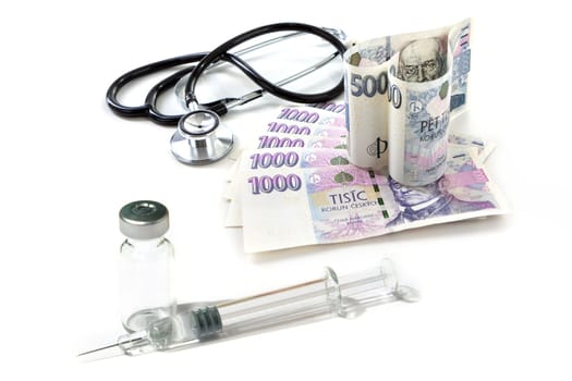 Czech paper money with heart on white background - stethoscope, heart, czech money 5000 and 1000, injection, syringe, vaccine, vaccination
