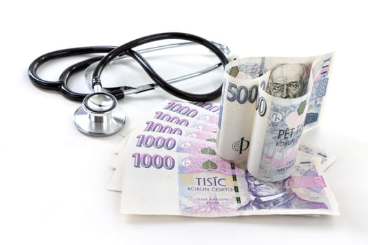 Czech paper money with heart on white background - stethoscope, heart, czech money 5000 and 1000