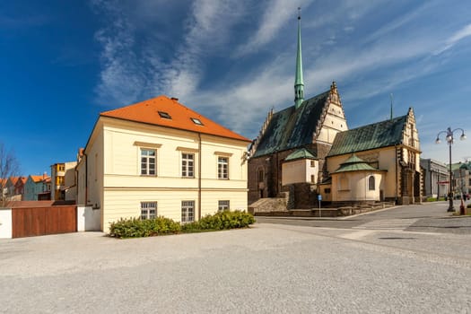 PARDUBICE, CZECH REPUBLIC - APRIL 22: St Bartholomew's Church of Republic Square on April 22 2016 in the historic center of the city. Church was built in the early 16th century. .