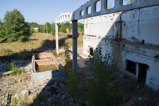 The building of the abandoned Ukrainian nuclear power plant Chigirinskaya. The ruins of buildings and structures. Chyhyryn Nuclear Power Plant