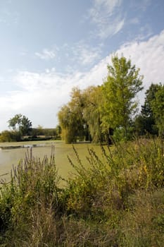 Countryside landscape in Saône et Loire (Burgundy - France). Pond and horizon.