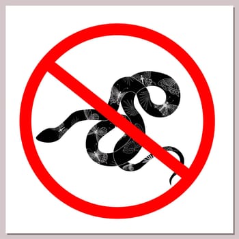 Sign prohibiting snakes. Snake in a red crossed out circle. Hazard concept and no entry with animals.