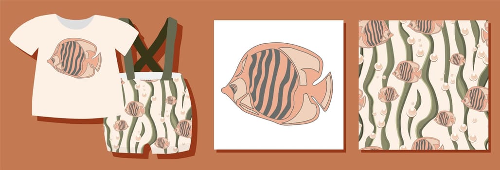 Children's clothing design. A set of logos and patterns on the marine theme. Seamless pattern with fishes. Print for baby clothes. Suit for newborn babies.