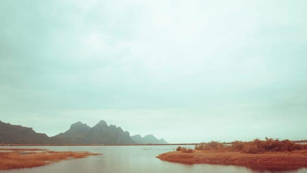 Mountain landscape, lake and mountain range, large panorama at sunset beautiful scenatic ,Prachubkeereekhan Khao Samroi yod  Thailand