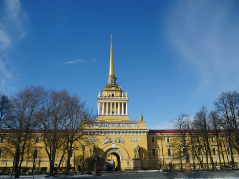 St. Petersburg, Russia, March 12, 2021.Admiralty building, main entrance with a tower and a golden spire with a weather vane
