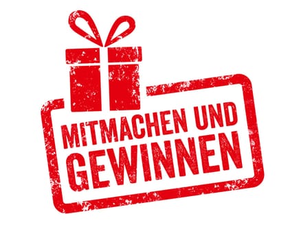 Red stamp with gift icon - Enter to win in german - Mitmachen und gewinnen