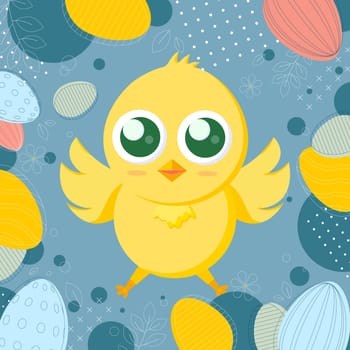 Yellow Easter chicken on a festive background - Vector illustration