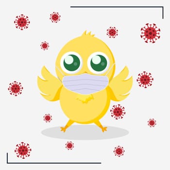 Yellow Easter chicken in a medical mask surrounded by the COVID-19 virus - Vector illustration