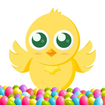 Yellow Easter chicken among the holiday eggs - Vector illustration
