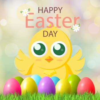 Yellow Easter chicken among the holiday eggs - Vector illustration