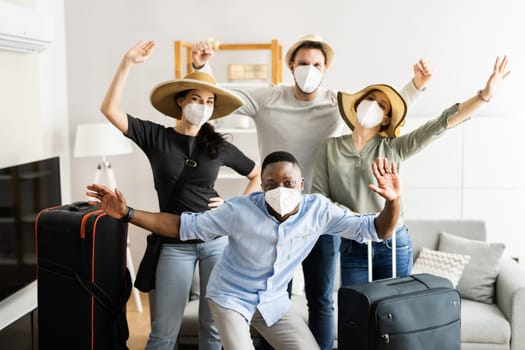 Group Of Friends People Travel In Face Mask. Young Millennial Vacation