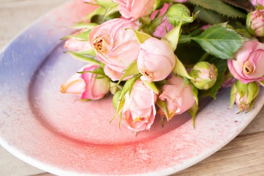bouquet of little pink carnation tea roses on pink and purple gradient plate close up
