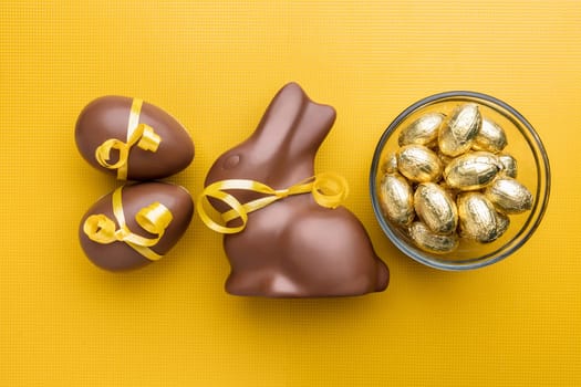 Delicious Easter holiday chocolate bunny, eggs and sweets