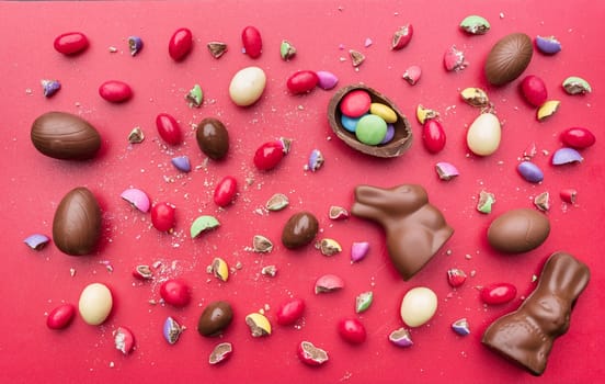 Delicious Easter holiday chocolate bunny, eggs and sweets
