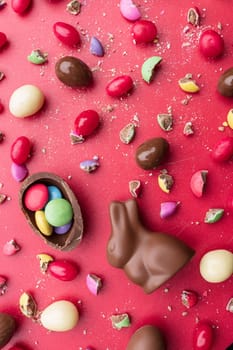 Delicious Easter holiday chocolate bunny, eggs and sweets