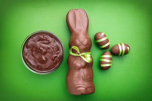 Delicious Easter holiday chocolate bunny, eggs and sweets
