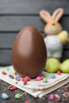 Delicious Easter holiday chocolate bunny, eggs and sweets