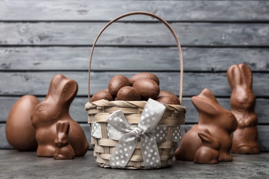 Delicious Easter holiday chocolate bunny, eggs and sweets