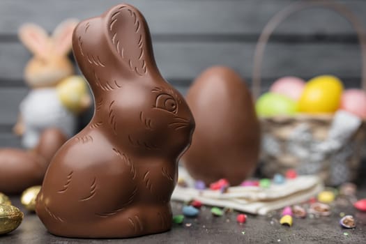 Delicious Easter holiday chocolate bunny, eggs and sweets