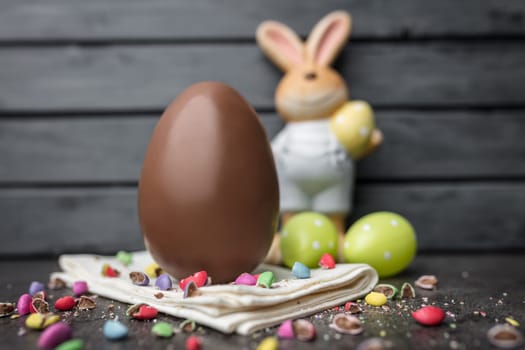 Delicious Easter holiday chocolate bunny, eggs and sweets